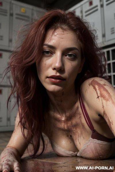 (((a woman wearing a wine red thong))), (((woman with robotic elements))), (hairy armpits), very hairy pussy ((really hairy)) (((hairy more ever))) ((thick long hair on pussy)), (((super dirty body, - ai-porn.ai on pornintellect.com