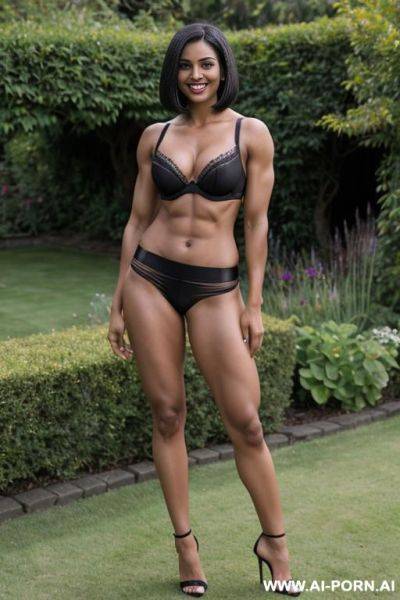 Indian, short hair, fit, abs, muscular arms, big ass, tall, long legs, navel piercing, black bra, black pleat slit skirt, looking at camera, full body, stiletto, in garden - ai-porn.ai - India on pornintellect.com