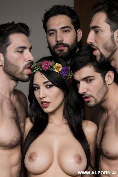 2 men and 1 woman fuck, perverse, beautiful, fucking, extremely hairy pussy, flower head wreath, group orgy, fucking, big nose, seductive, sexy pose, t-shirt, kissing, fucking, threesome, orgy, - ai-porn.ai on pornintellect.com