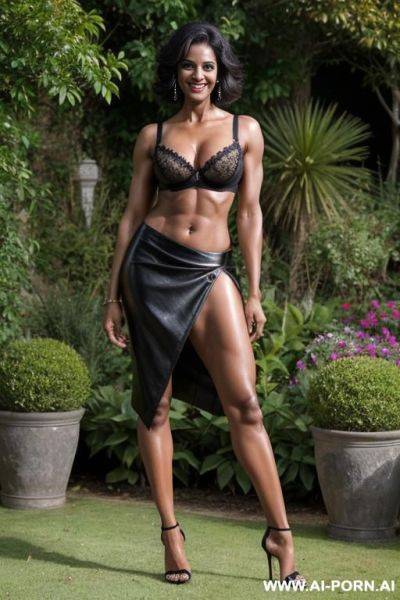 Indian, short hair, fit, abs, muscular arms, big ass, tall, long legs, navel piercing, black bra, black pleat skirt, looking at camera, full body, stiletto, in garden - ai-porn.ai - India on pornintellect.com