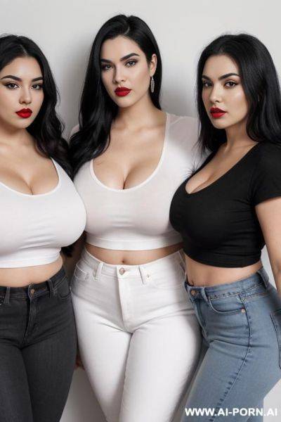4 woman with straight black hair, white, thick eyebrows, red lips, large natural breasts, waist neither nor thick, wide hips, thick thighs, fat, wearing a white t-shirt with a black bra underneath and jeans. - ai-porn.ai on pornintellect.com