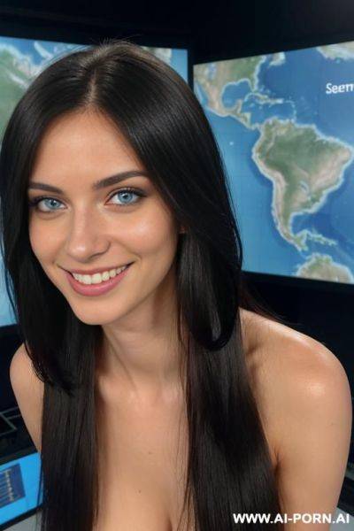 Totally naked, narrow face, long straight hair, realistic weather presenter, in studio sitting on the news desk in front of weather map pointing at the map, show pussy, glowing blue eyes, blue - ai-porn.ai on pornintellect.com