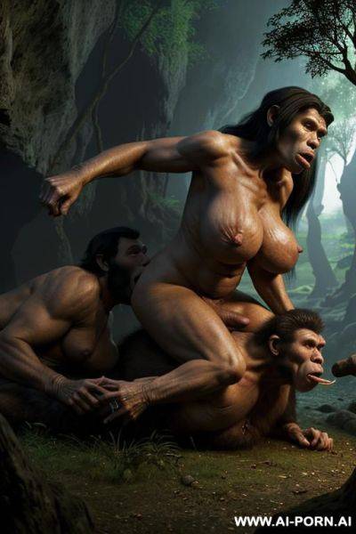 Night, completely darkness, two ancient neolithic male fuck granny in the forest cave ((terrible neolithic ape-like male) - ai-porn.ai on pornintellect.com