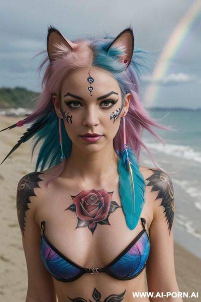 Face, sexy, beautiful, ((face painting)), ((bikini as seashell)), ((tattoo roses)), ((eyes shw)), ((angel wings)), ((rainbow hair)), ((long bu hair)), ((wind)), (( cat face)), (( cat ears)), (((feather - ai-porn.ai on pornintellect.com