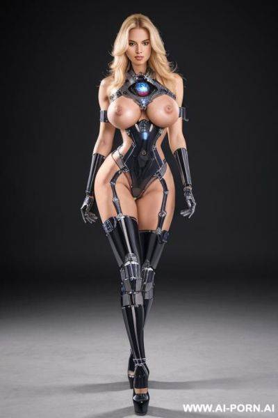 Robotic police officer, front view, full body view, standing, hands behind head, looking at viewer, seductive face, long straight blonde hair, (fully robotic body, huge robotic tits), fit body, - ai-porn.ai on pornintellect.com
