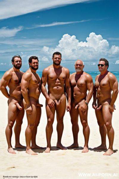 Magazine cover: naked sexy women at the beach in front of men with very big penises, ancient neolithic strong and healthy man with erection. - ai-porn.ai on pornintellect.com