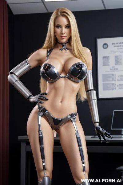 Robot secretary, front view, full body view, standing, hands behind head, looking at viewer, seductive face, long straight blonde hair, (fully robotic body, huge robotic tits), fit body, abs, thick - ai-porn.ai on pornintellect.com