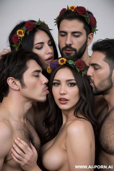 2 men and 1 woman fuck, perverse, beautiful, fucking, extremely hairy pussy, flower head wreath, group orgy, fucking, big nose, seductive, sexy pose, t-shirt, kissing, fucking, threesome, orgy, - ai-porn.ai on pornintellect.com