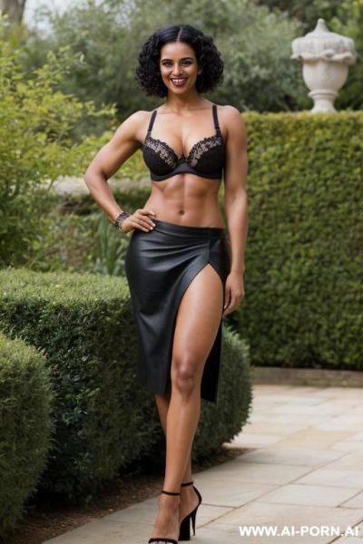 Indian, short hair, fit, abs, muscular arms, big ass, tall, long legs, navel piercing, black bra, black pleat skirt, looking at camera, full body, stiletto, in garden - ai-porn.ai - India on pornintellect.com