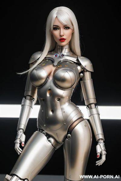 Beautiful sensual real female doll cyborg robot with skin in metal-latex white color, with four meccanic leg and metallic ,enormus boobs ,natural uman face, image hd quality - ai-porn.ai on pornintellect.com