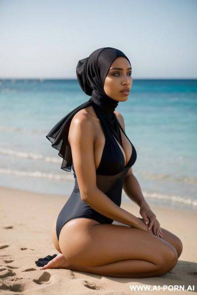 Woman in a thong swimsuit wearing hijab praying bending - ai-porn.ai on pornintellect.com