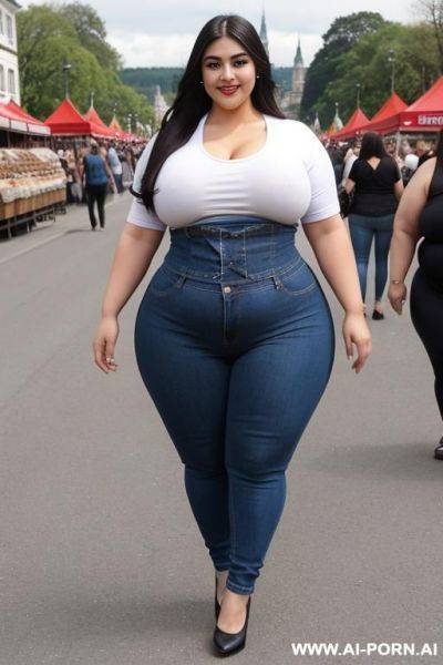 Clothed, mexican, ssbbw, supermodel, very rotund, huge body, hourglass figure, big nose, ethnic, ultra wide hips, extremely thicc, big thighs, eyeliner, high rise jeans, tight shirt - ai-porn.ai - Mexico on pornintellect.com
