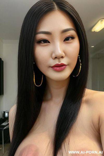 Chinese model (((evil))) (flowing hair) (((extremely beautiful))) (((full lips))) (button nose) (submissive) (hoop earrings) (((hourglass figure))) (model) (((eye contact))), full frontal, full body view, ((keep face)), - ai-porn.ai - China on pornintellect.com