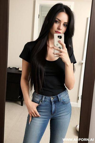 Woman long hair jeans tshirt selfie photo in the mirror - ai-porn.ai on pornintellect.com