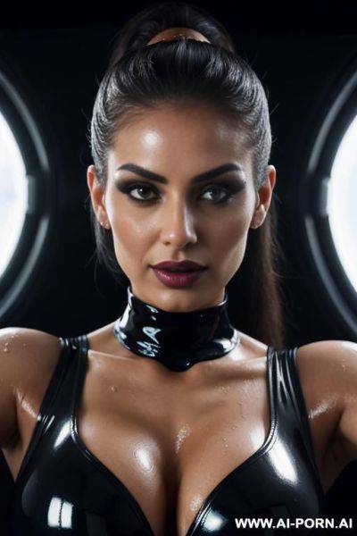 Bimbo, deep tan, sex pov, closeup on face, wet ponytail hair, black latex bodysuit - ai-porn.ai on pornintellect.com