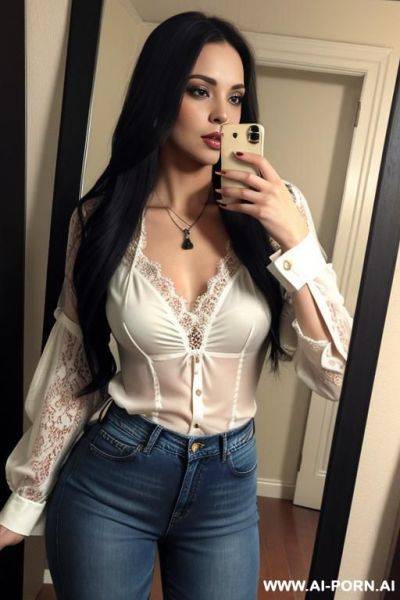 Woman long hair jeans blouse lace selfie photo in the mirror - ai-porn.ai on pornintellect.com
