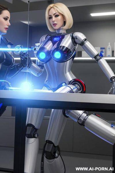 Busty blonde robot police officer lying on a table and being repaired in a robotic lab, (fully robotic body:1.3) - ai-porn.ai on pornintellect.com