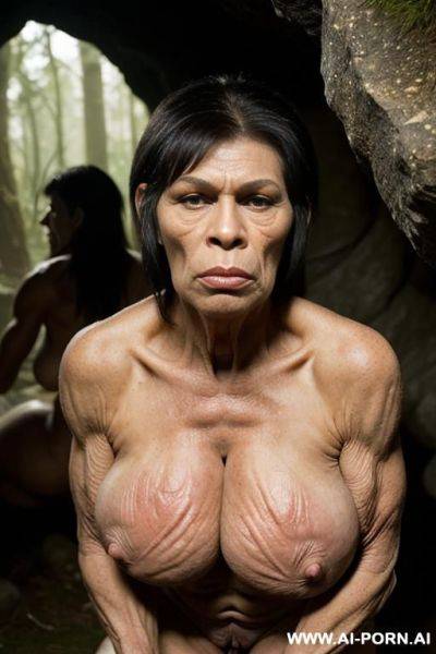 Night, completely darkness, two ancient neolithic strong and healthy stud breeding with the female granny ((realistic modern bimbo)) in the forest cave ((terrible neolithic ape-like stud) - ai-porn.ai on pornintellect.com