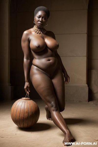 Mature, very old women, saggy tits, nude, african, chubby, classical art, collar, market, kneeling - ai-porn.ai on pornintellect.com