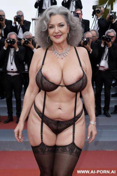 Hot old milf with huge saggy tits with red big areolas, wide hips and big ass and hairy pussy on a porn festival on stage, spreading legs and flashing hairy pussy, wearing only necklace and ear rings, old man behind her squeezing her tits - ai-porn.ai on pornintellect.com