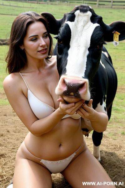 Real cow (real animal, not a human) with gigantic udder (only cow on the picture), huge teats - ai-porn.ai on pornintellect.com