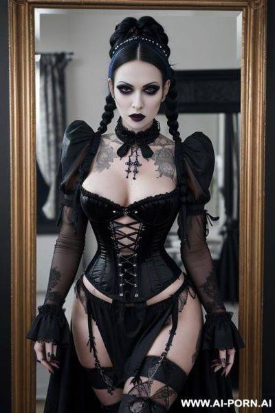 Voluminous hair, finnish lingerie model, tall, fit, purple lace, sexy, (naked boobs), chocker, stripper heels, piercing - ai-porn.ai - Finland on pornintellect.com
