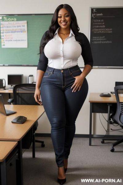 Beautiful black woman, supermodel, nerd, massive hips, extra thicc, big legs, plumper, high rise jeans - ai-porn.ai on pornintellect.com