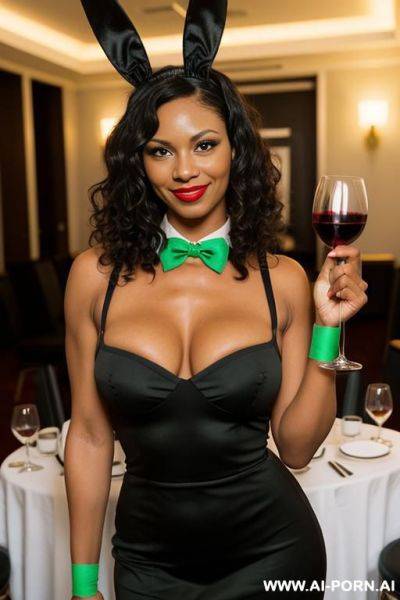 1 milf, nude, arm up, black arm sleeves, black bunny ears headband, club room, red bowtie, one hand holding wine stray. - ai-porn.ai on pornintellect.com