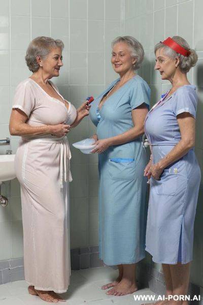 Nursing home bathroom ((the resident is having a bath procedure)); two women in the bathroom (one woman is a old granny (she is resident in the nursing home)) (other woman in her early - ai-porn.ai on pornintellect.com