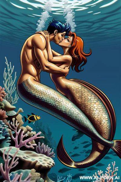 (tanned cartoon mermaid) (cartoon) (anime style) (kissing male diver) - ai-porn.ai on pornintellect.com