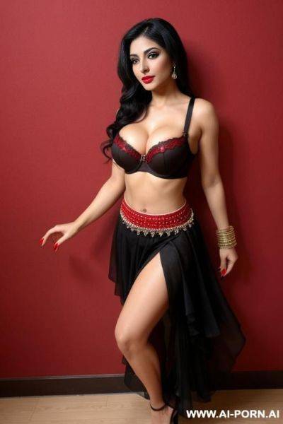 Sexy persian woman, black hair, brown skin, red nails, sexy traditional dance skirt, full body view, sexy black bra - ai-porn.ai - Iran on pornintellect.com