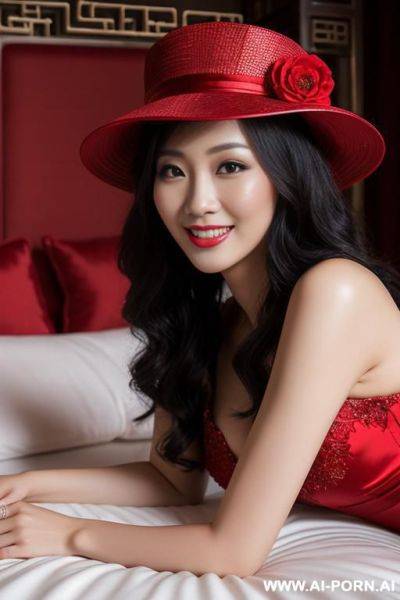 Chinese bride, wearing headwear, smile, lying on the bed, enchanting, red bridal gown - ai-porn.ai - China on pornintellect.com