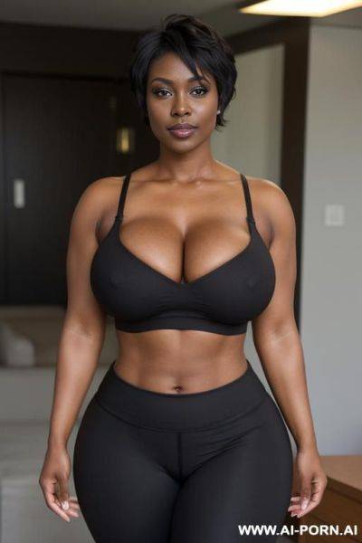 Sexy bimbo milf, aged milf, matured milf, thot, really dark black skin, deep dark black skin color, ultra thicc, bulked up thighs, extremely gigantic boobs, perfect eyes, topless, topless, topless - ai-porn.ai on pornintellect.com