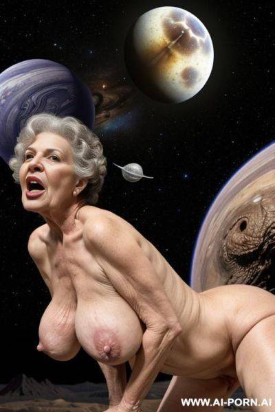 Late night (no moon, no stars), huge male space monster (surprisingly impressive) ((looks terrible)), space monster have huge strange penis (fantastic organ), granny have wide hips and big round - ai-porn.ai on pornintellect.com