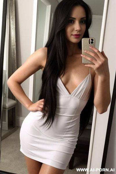Woman long hair short dress selfie photo in the mirror - ai-porn.ai on pornintellect.com