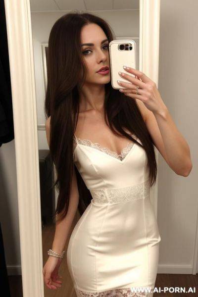 Slim woman long hair short cream lace dress selfie photo in the mirror - ai-porn.ai on pornintellect.com