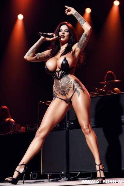 Metal goddess, huge boobs, tall, high heels, dutch, leggy, tattoos, naked, realistic, concert, miss universe, porn star face - ai-porn.ai - Netherlands on pornintellect.com