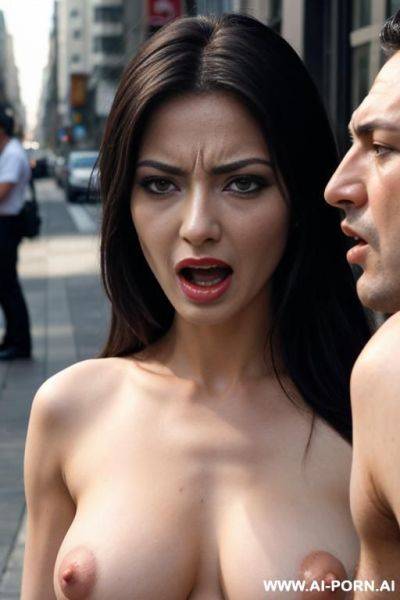 Realistic, beautiful face, white white skin, sexy body, perfect breasts, makeup, eye contact, naked woman being fucked in the mouth and vagina by two angry men, street - ai-porn.ai on pornintellect.com
