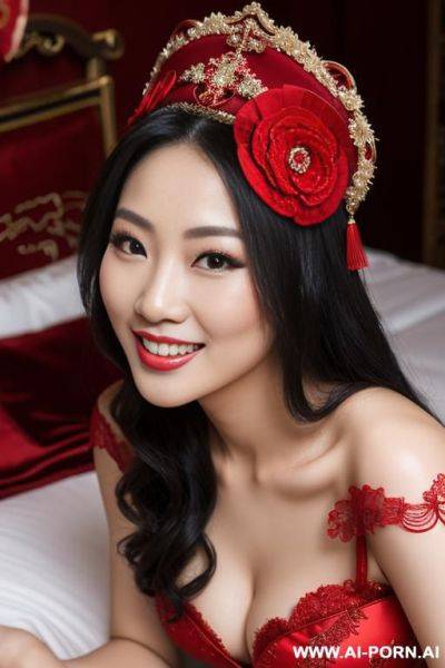 Chinese bride, wearing headwear, smile, lying on the bed, enchanting, red bridal gown - ai-porn.ai - China on pornintellect.com