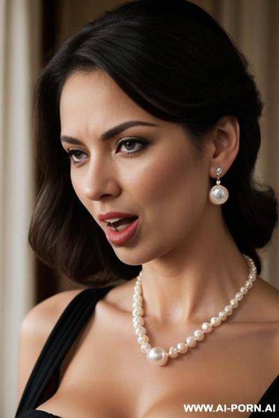 A cool and noble woman, wearing a pearl necklace and earrings, rolling her eyes and sticking out her tongue. - ai-porn.ai on pornintellect.com
