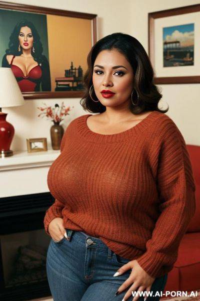 160s, 166. brown hair milf. brown eyes. latina-american. 36 years old. chubby. huge natural 36j boobs. sweater. cutie babe face. red nails. full shot. living room. vintage, 60s style. hot woman. red lips. thick arms. - ai-porn.ai - Usa on pornintellect.com