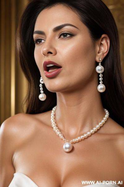 A cool and noble woman, wearing a pearl necklace and earrings, rolling her eyes and sticking out her tongue.be hypnotized，stroking his chest. - ai-porn.ai on pornintellect.com