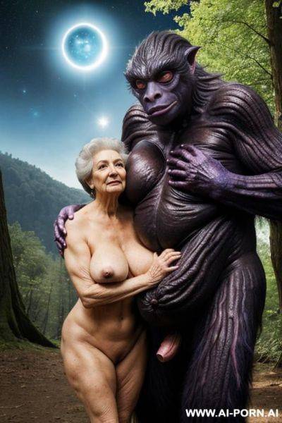 Two characters in the picture: a grandmother and a space monster. huge space monster (male monster) (very impressive) ((looks terrible)) ((large monster with huge dick)) ((fantastic looking cock)); - ai-porn.ai on pornintellect.com