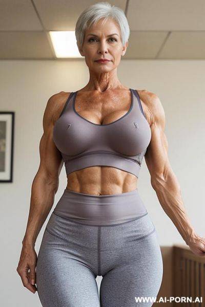 Matured old milf, wrinkles, wrinkled skin, aging marks, bulked up thighs, tight sport shorts, tight shirt, perfect eyes - ai-porn.ai on pornintellect.com