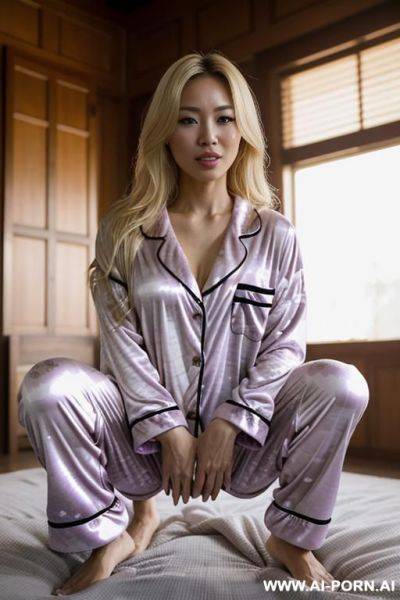 Blonde asian woman naked on back on bed spreading legs open wet pussy large breasts - ai-porn.ai on pornintellect.com