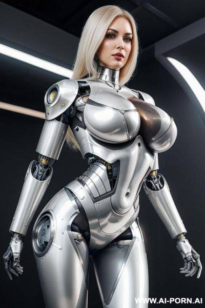 Beautiful realistic taur-female cyborg robot with skin in metal-latex white color, with four meccanic metallic legs, giants boobs ,natural uman face, image hd quality. - ai-porn.ai on pornintellect.com