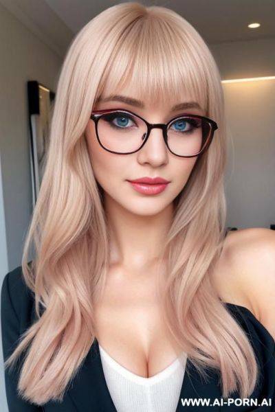 Blonde hai blue eyes glasses long hair, bangs, blush makeup, false lashes, blushed nose - ai-porn.ai on pornintellect.com