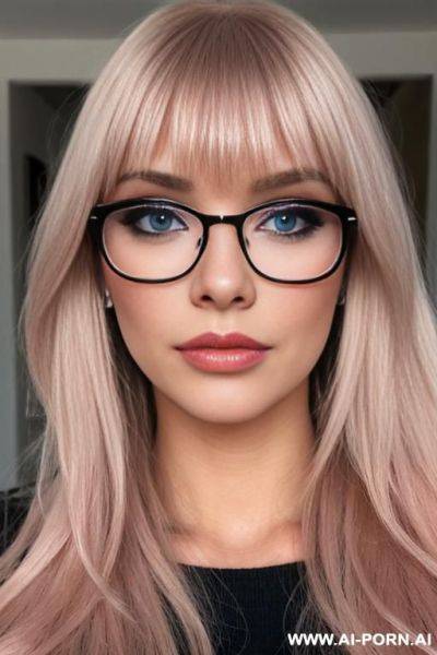 Blonde hai blue eyes glasses long hair, bangs, blush makeup, false lashes, powdered and blushed nose, nose rings - ai-porn.ai on pornintellect.com