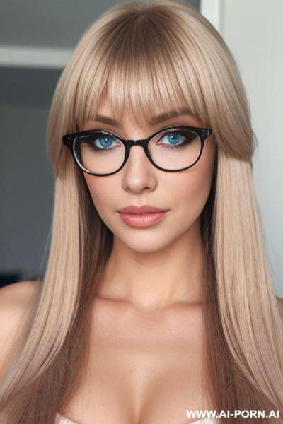 Blonde hai blue eyes glasses long hair, bangs, blush makeup, false lashes - ai-porn.ai on pornintellect.com