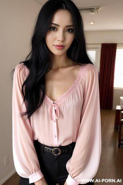 Woman long hair blouse pink selfie - ai-porn.ai on pornintellect.com